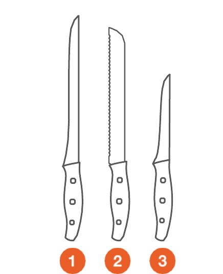 Utensilios para cortar jamón: cuchillo jamonero, cuchillo con sierra y cuchillo corto